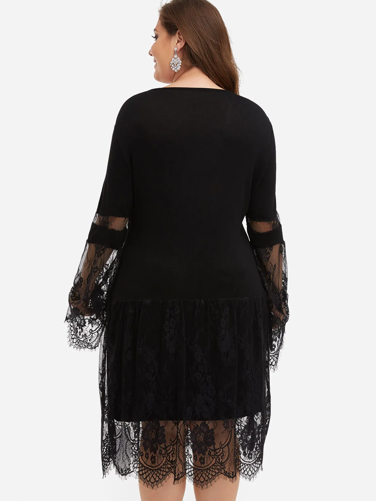 OEM ODM Round Neck Plain Lace Self-Tie Long Sleeve Black Plus Size Midi Dresses