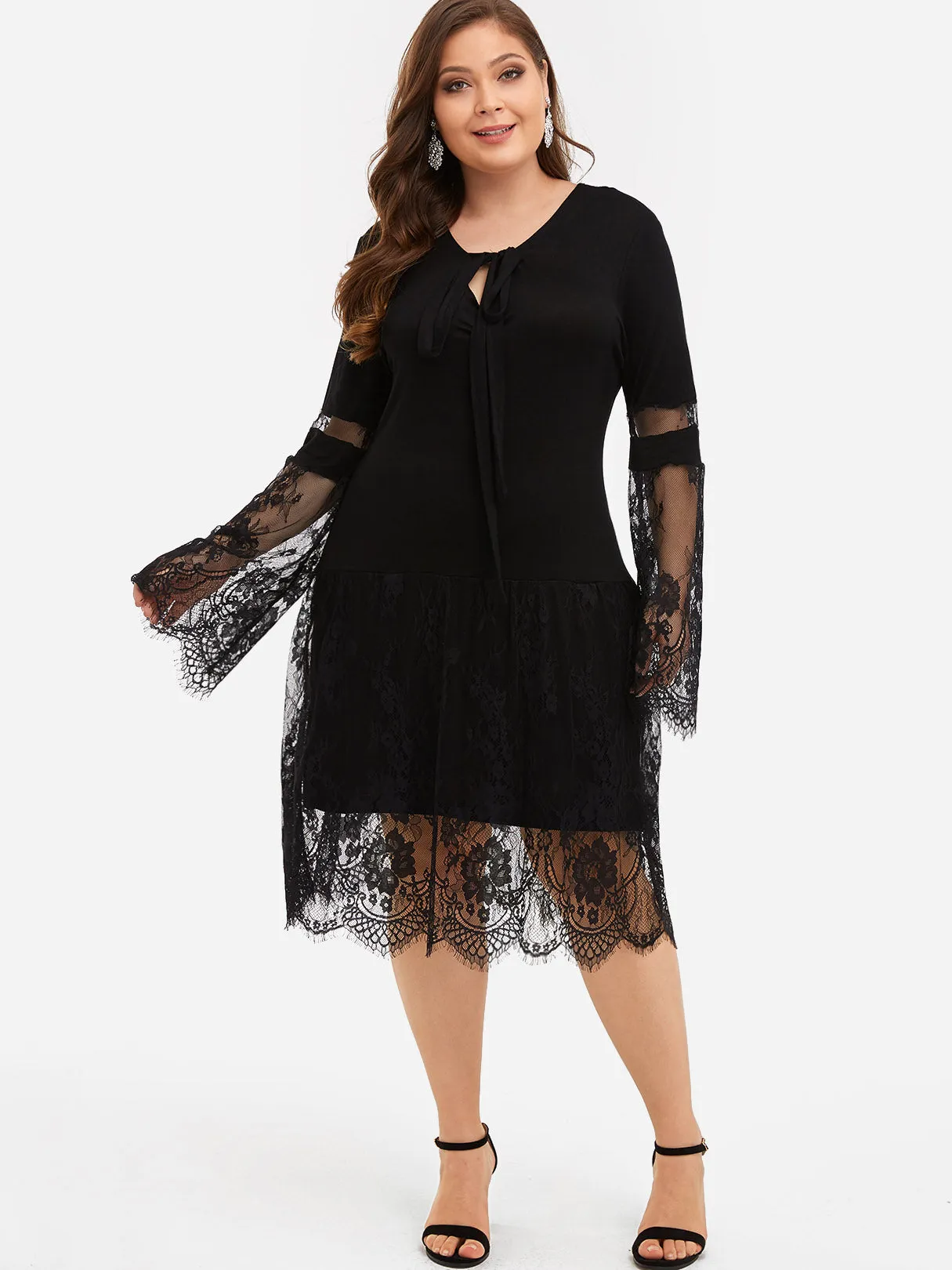 OEM ODM Round Neck Plain Lace Self-Tie Long Sleeve Black Plus Size Midi Dresses