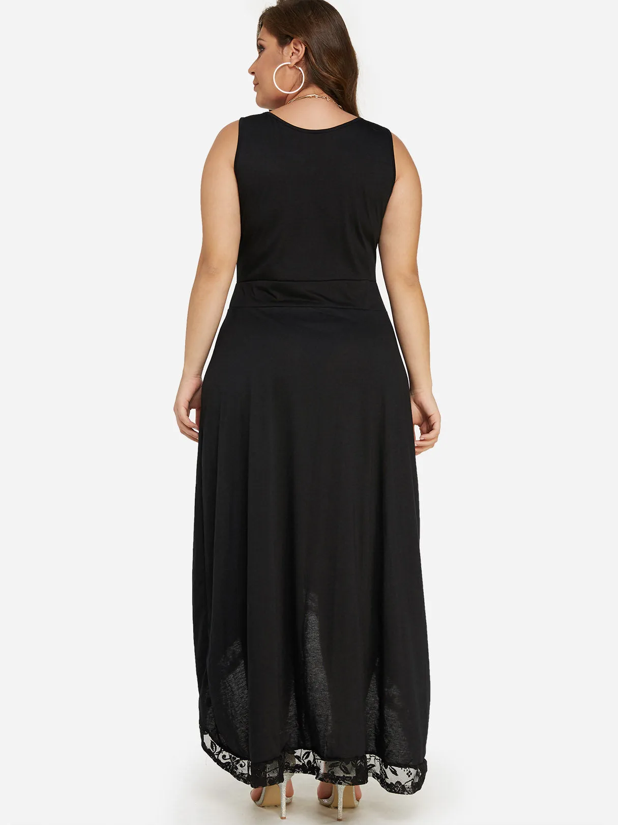 OEM ODM Round Neck Plain Lace Sleeveless High-Low Hem Black Plus Size Maxi Dresses