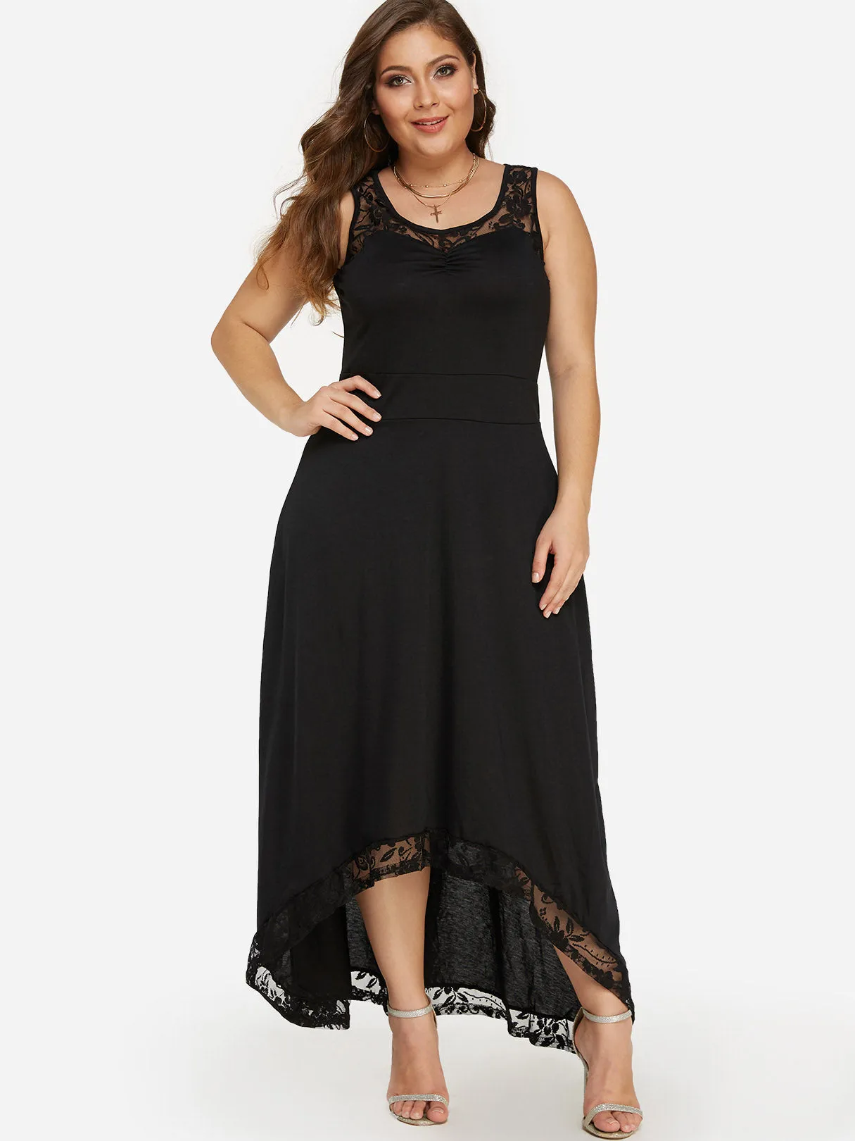 OEM ODM Round Neck Plain Lace Sleeveless High-Low Hem Black Plus Size Maxi Dresses