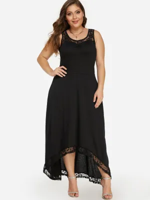 OEM ODM Round Neck Plain Lace Sleeveless High-Low Hem Black Plus Size Maxi Dresses