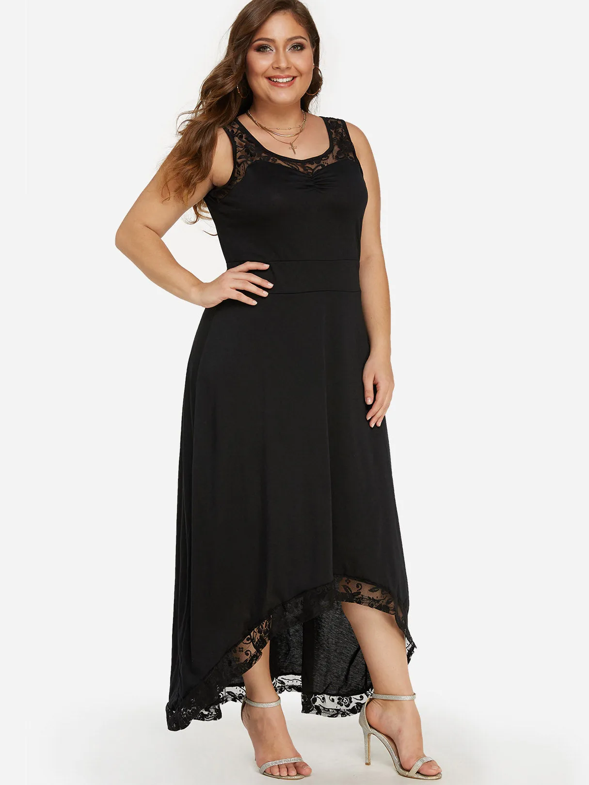 OEM ODM Round Neck Plain Lace Sleeveless High-Low Hem Black Plus Size Maxi Dresses