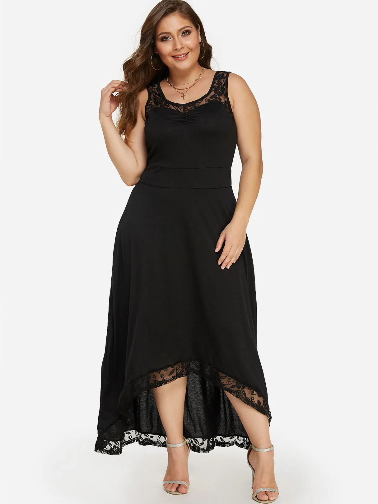 OEM ODM Round Neck Plain Lace Sleeveless High-Low Hem Black Plus Size Maxi Dresses