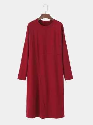 OEM ODM Round Neck Plain Long Sleeve Red Plus Size Dress