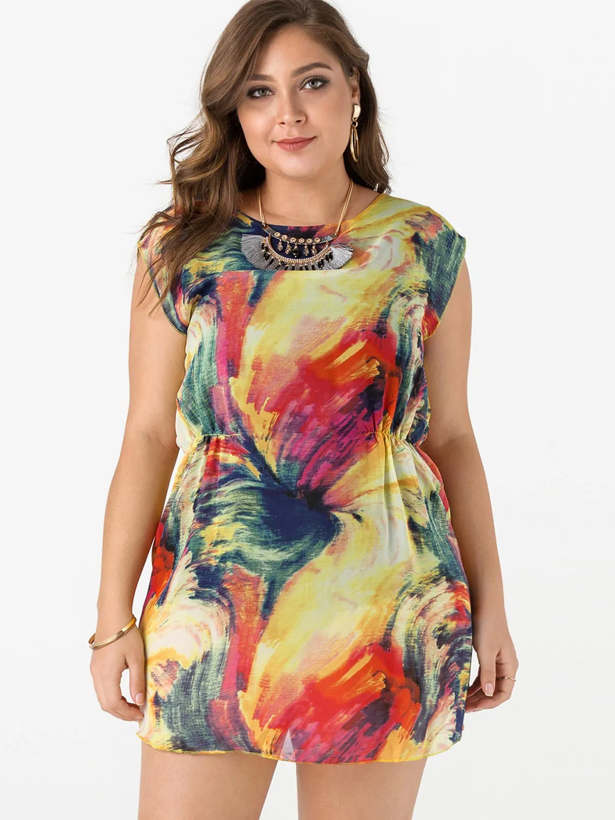 OEM ODM Round Neck Short Sleeve Irregular Hem Plus Size Mini Dress