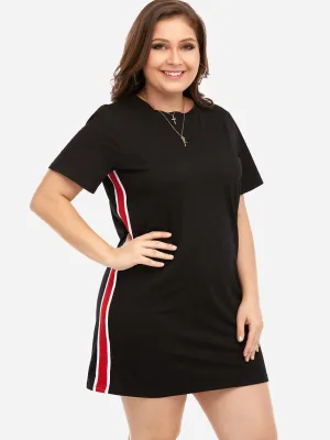 OEM ODM Round Neck Stripe Short Sleeve Black Plus Size Dresses