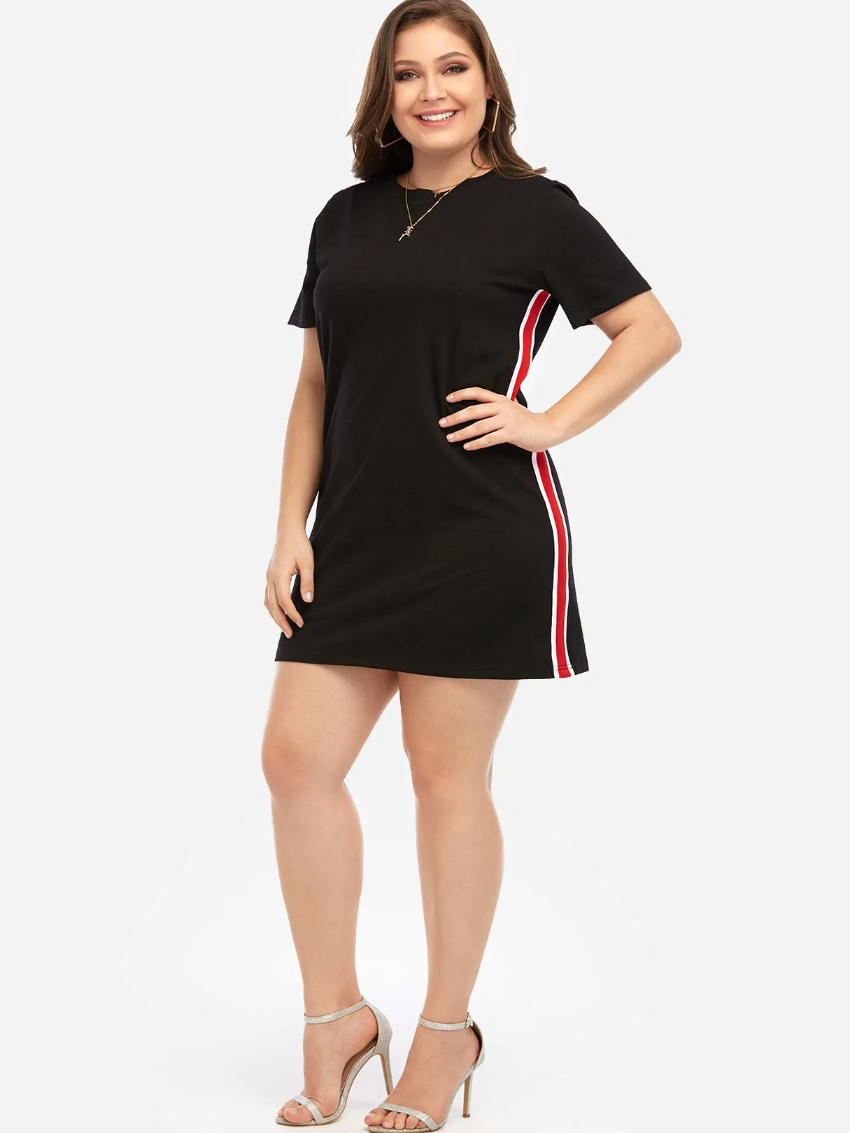 OEM ODM Round Neck Stripe Short Sleeve Black Plus Size Dresses