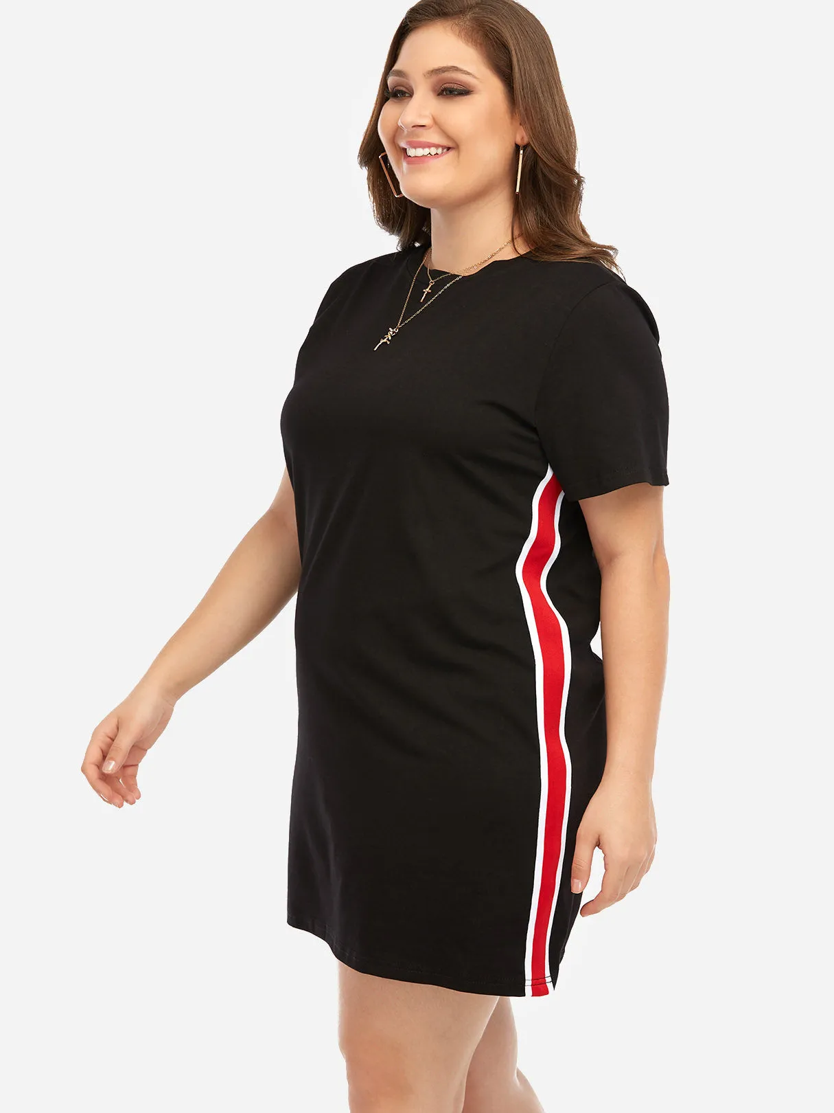 OEM ODM Round Neck Stripe Short Sleeve Black Plus Size Dresses