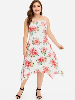 OEM ODM Scoop Neck Floral Print Sleeveless Handkerchief Hem Plus Size Dresses