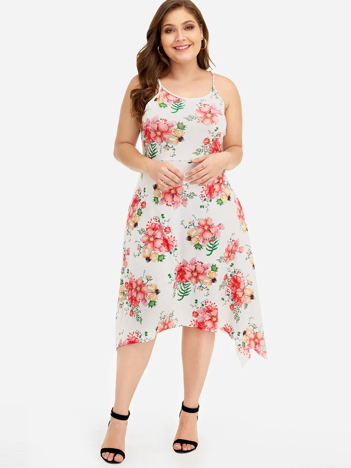 OEM ODM Scoop Neck Floral Print Sleeveless Handkerchief Hem Plus Size Dresses
