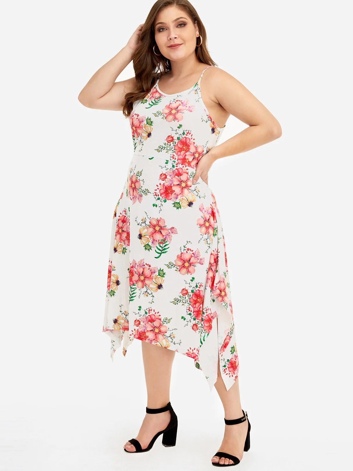 OEM ODM Scoop Neck Floral Print Sleeveless Handkerchief Hem Plus Size Dresses