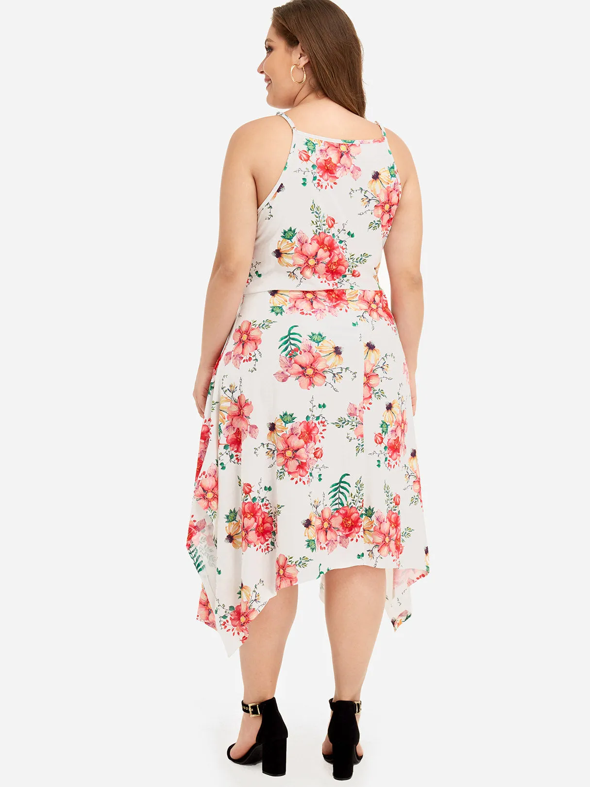 OEM ODM Scoop Neck Floral Print Sleeveless Handkerchief Hem Plus Size Dresses