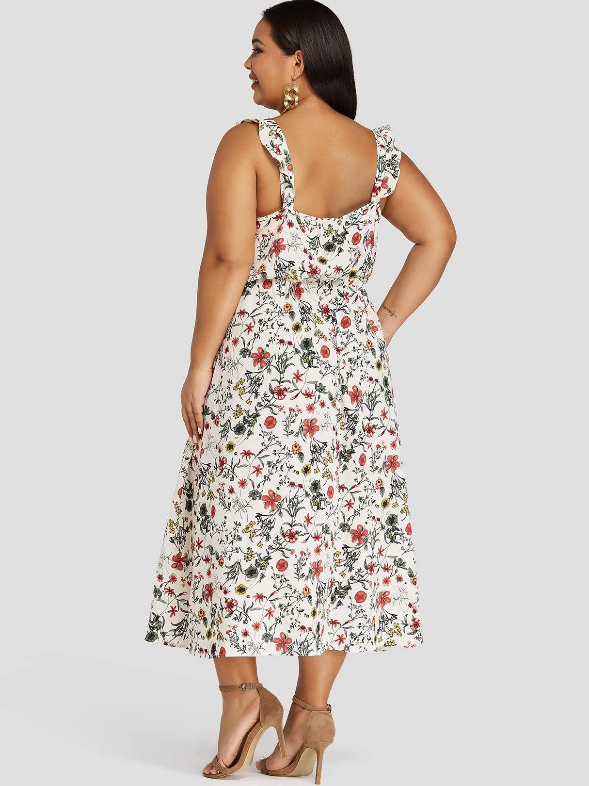 OEM ODM Square Neck Floral Print Sleeveless White Plus Size Dress