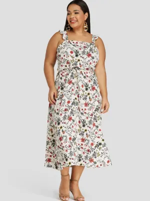 OEM ODM Square Neck Floral Print Sleeveless White Plus Size Dress