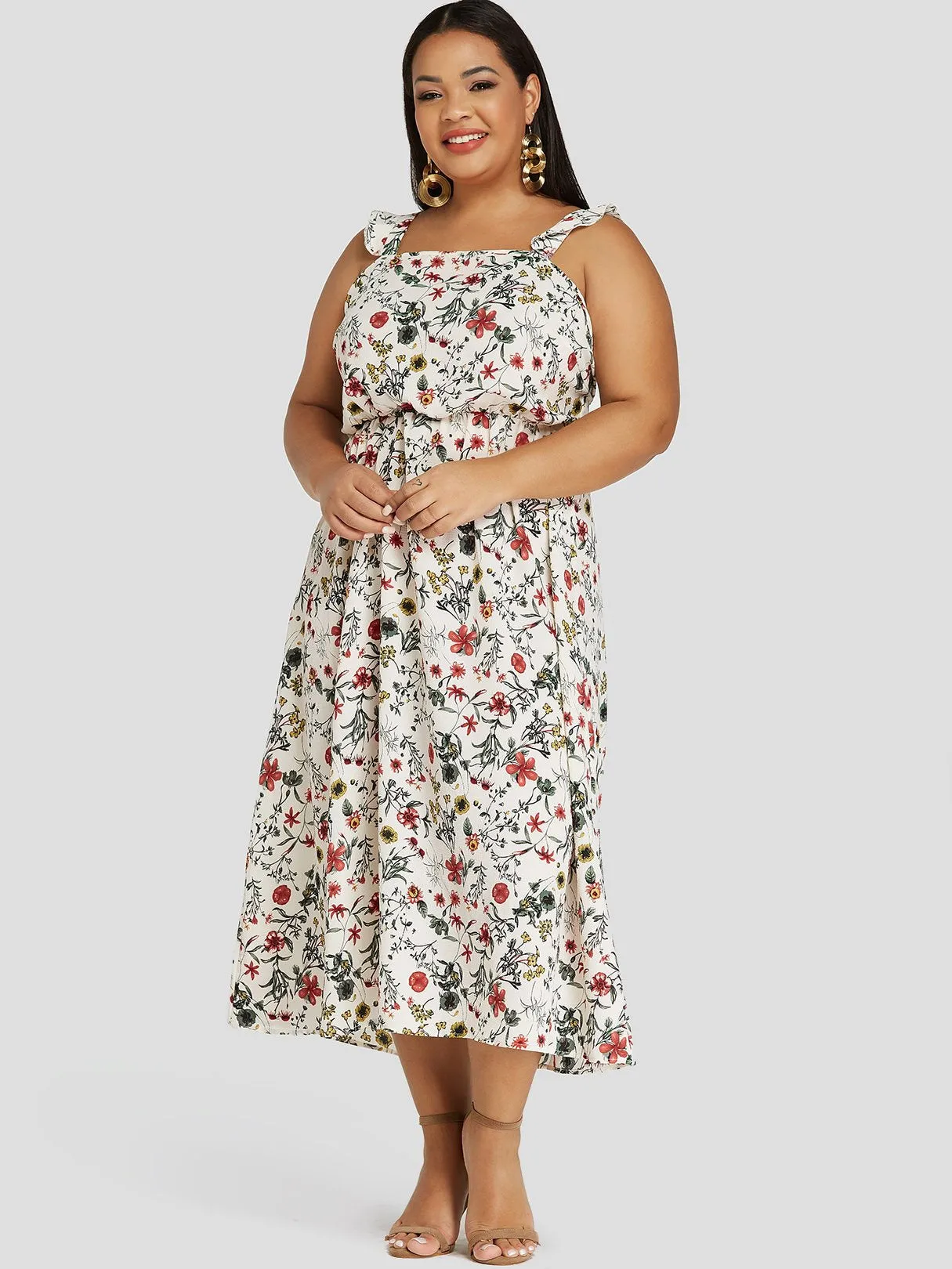 OEM ODM Square Neck Floral Print Sleeveless White Plus Size Dress