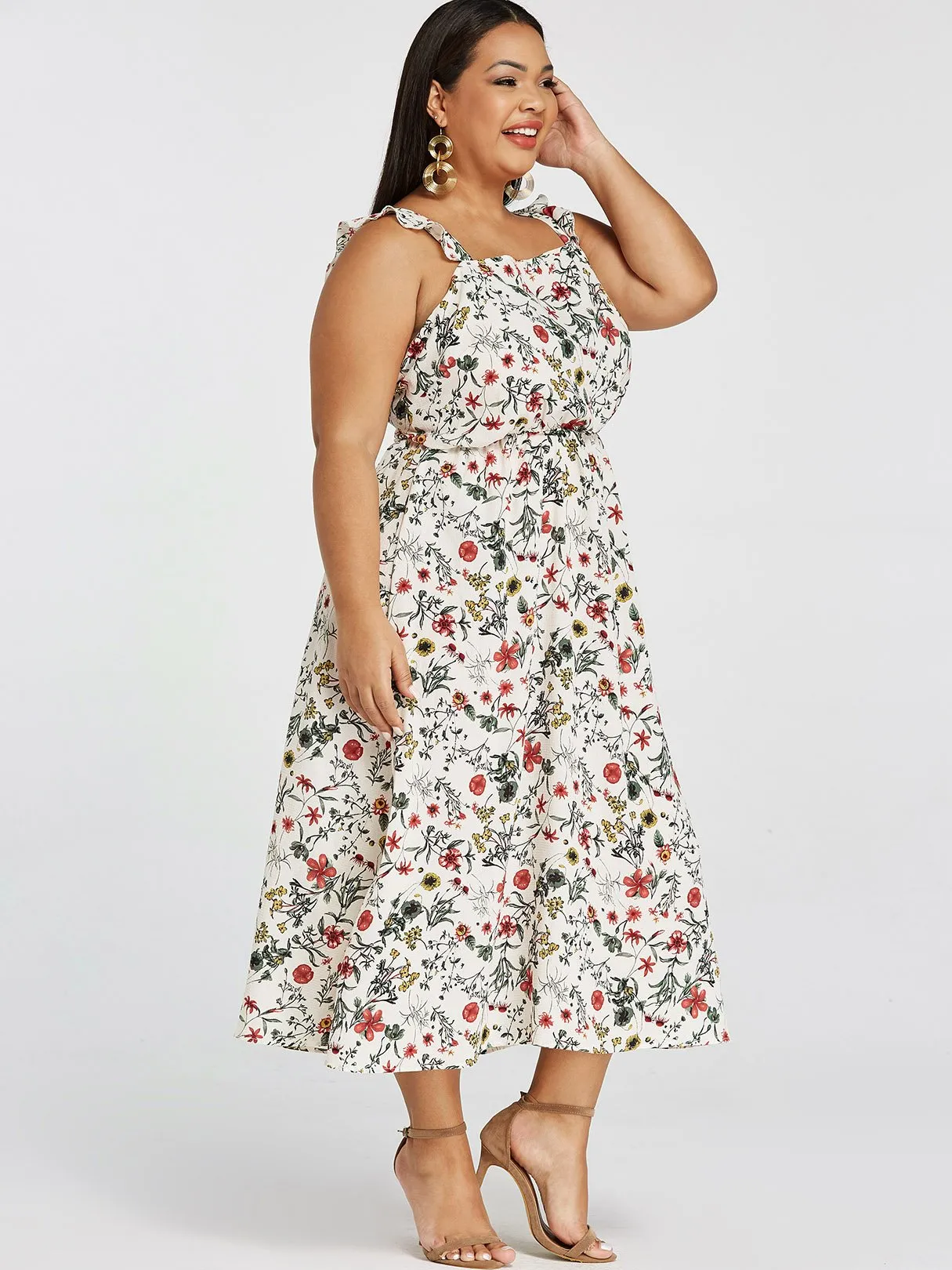 OEM ODM Square Neck Floral Print Sleeveless White Plus Size Dress