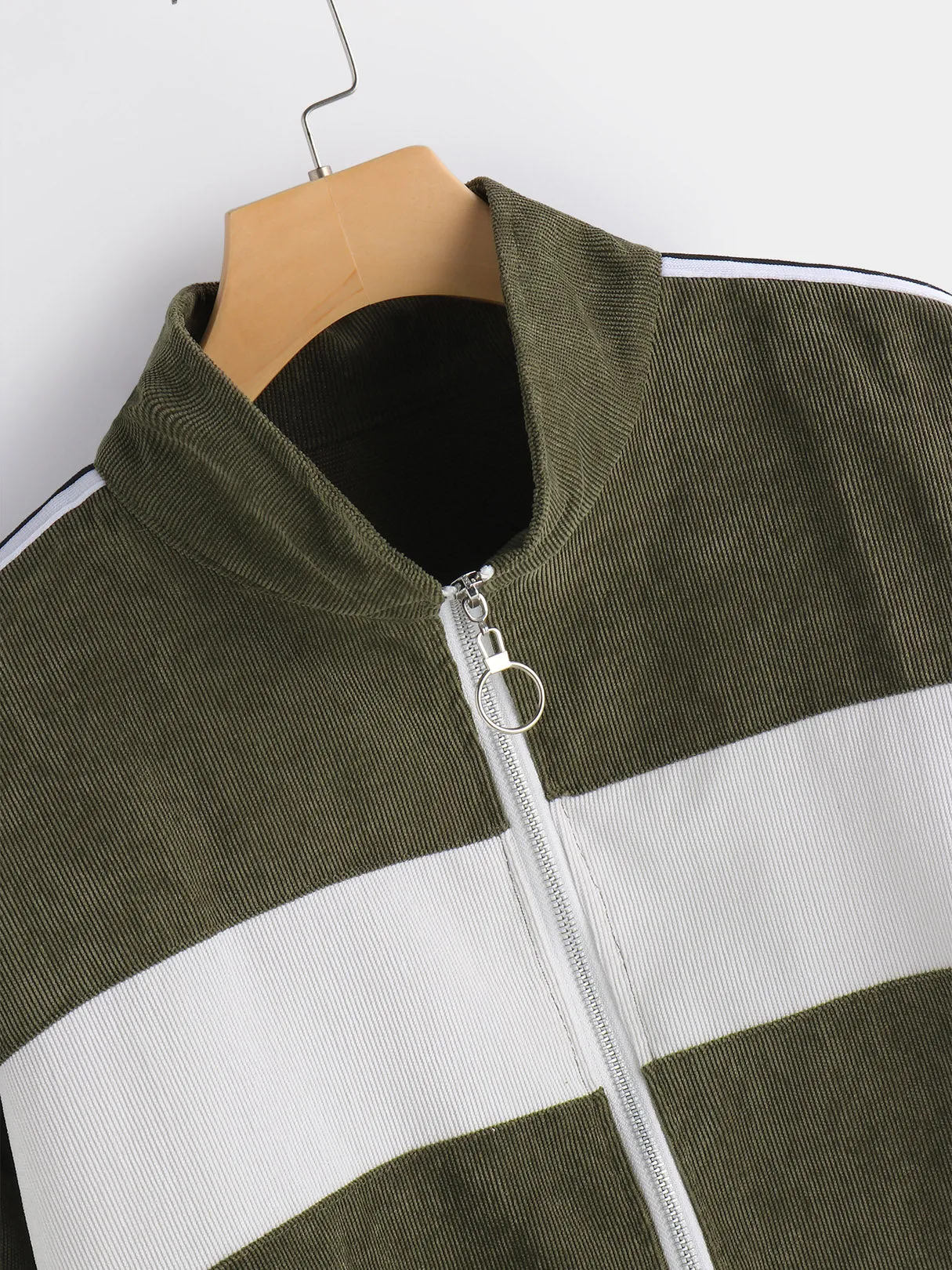 OEM ODM Stripe Zip Back Long Sleeve Army Green Plus Size Coats & Jackets
