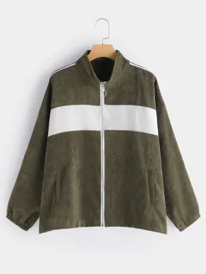 OEM ODM Stripe Zip Back Long Sleeve Army Green Plus Size Coats & Jackets