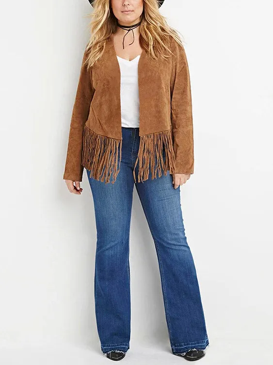 OEM ODM Tassel Long Sleeve Tassel Hem Brown Plus Size Coats & Jackets