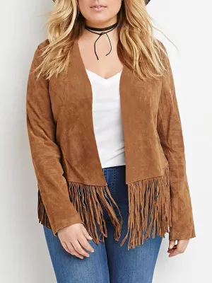 OEM ODM Tassel Long Sleeve Tassel Hem Brown Plus Size Coats & Jackets