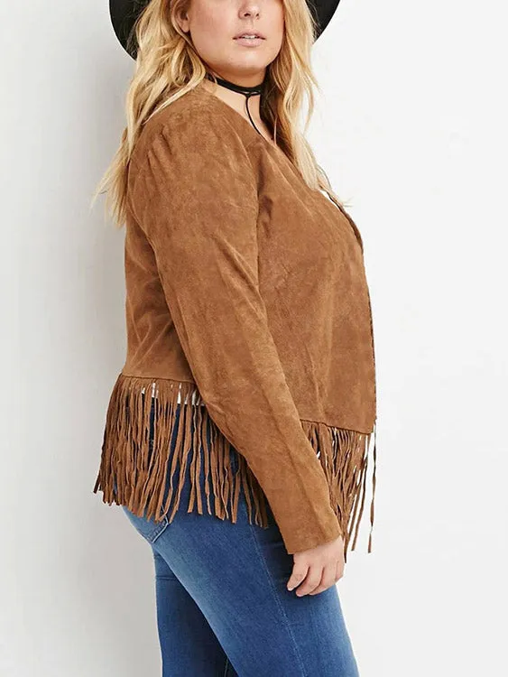 OEM ODM Tassel Long Sleeve Tassel Hem Brown Plus Size Coats & Jackets