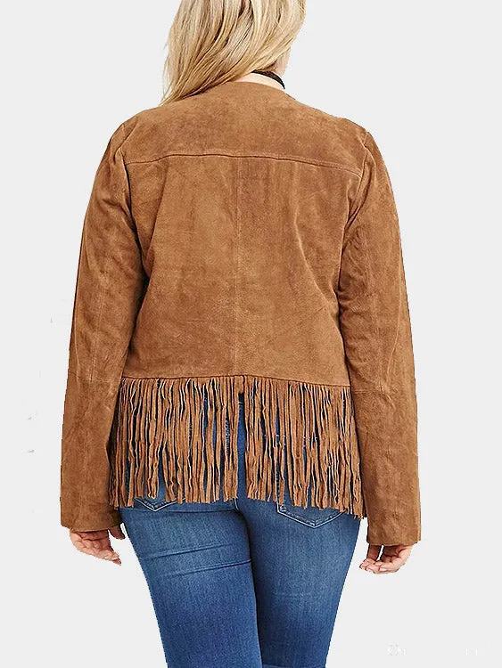OEM ODM Tassel Long Sleeve Tassel Hem Brown Plus Size Coats & Jackets