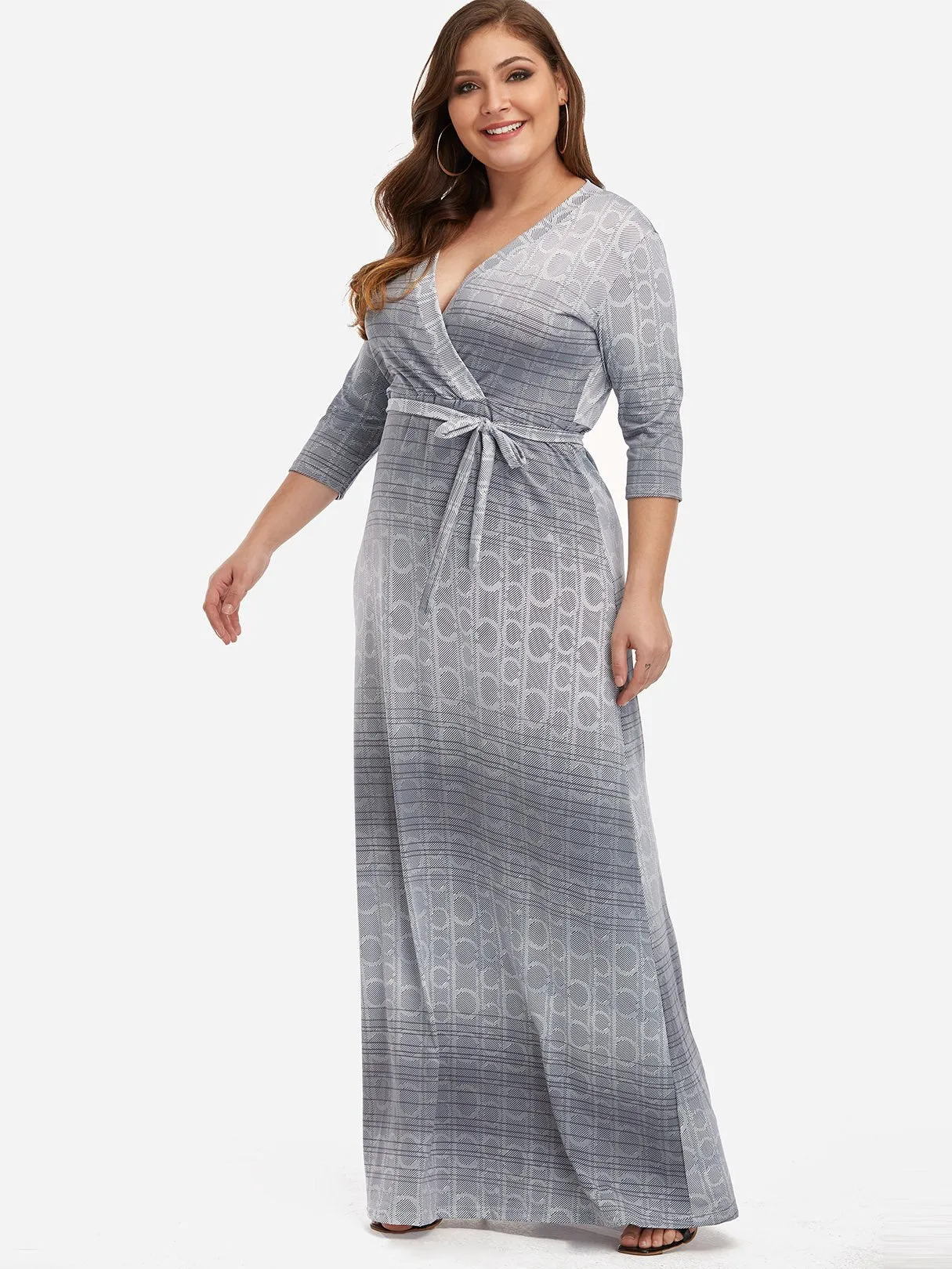 OEM ODM V-Neck Belt Self-Tie Wrap Half Sleeve Plus Size Dress