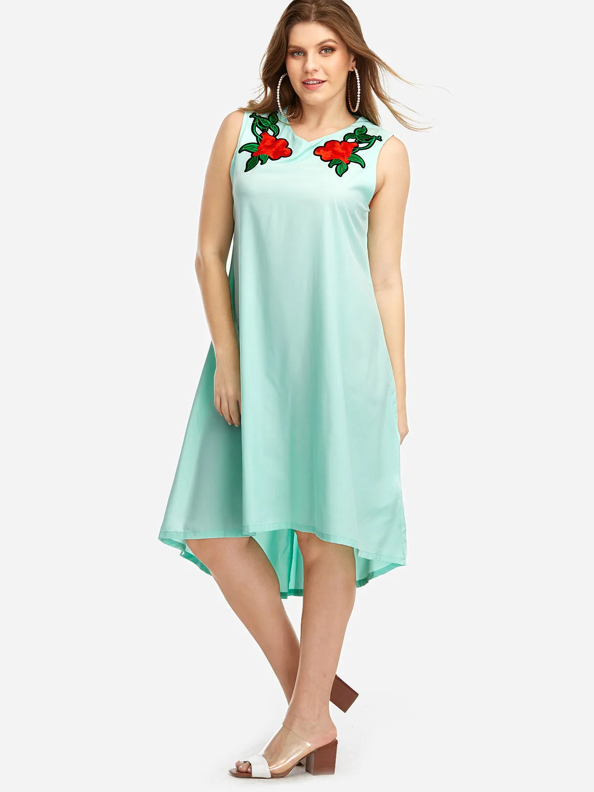 OEM ODM V-Neck Embroidered Sleeveless High-Low Hem Plus Size Dresses
