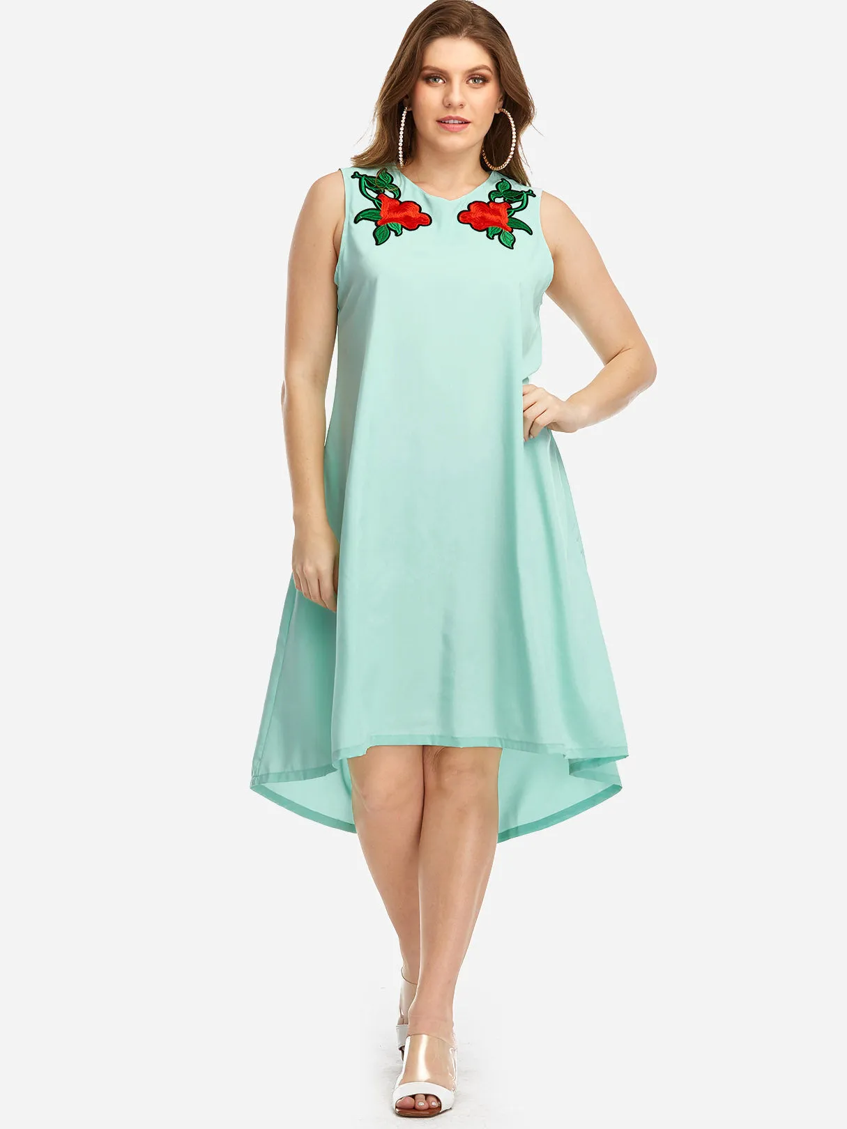 OEM ODM V-Neck Embroidered Sleeveless High-Low Hem Plus Size Dresses