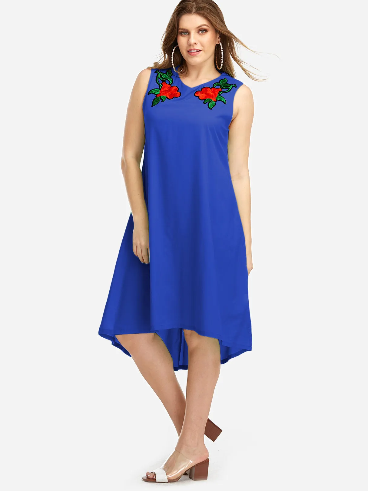 OEM ODM V-Neck Embroidered Sleeveless High-Low Hem Plus Size Dresses