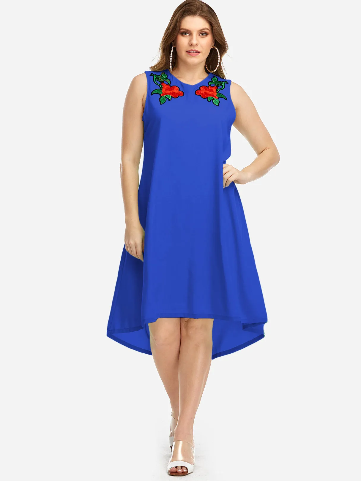 OEM ODM V-Neck Embroidered Sleeveless High-Low Hem Plus Size Dresses