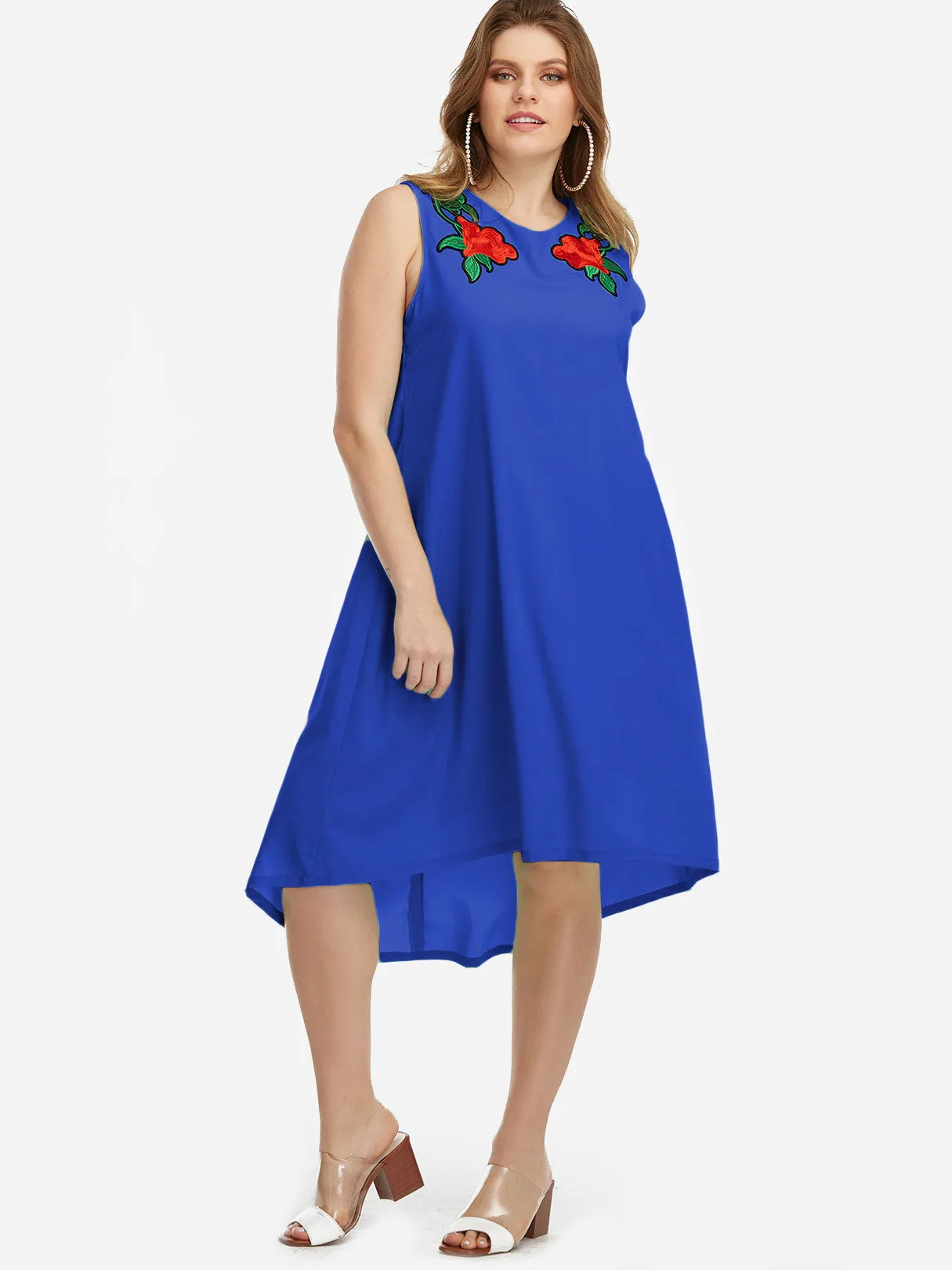 OEM ODM V-Neck Embroidered Sleeveless High-Low Hem Plus Size Dresses