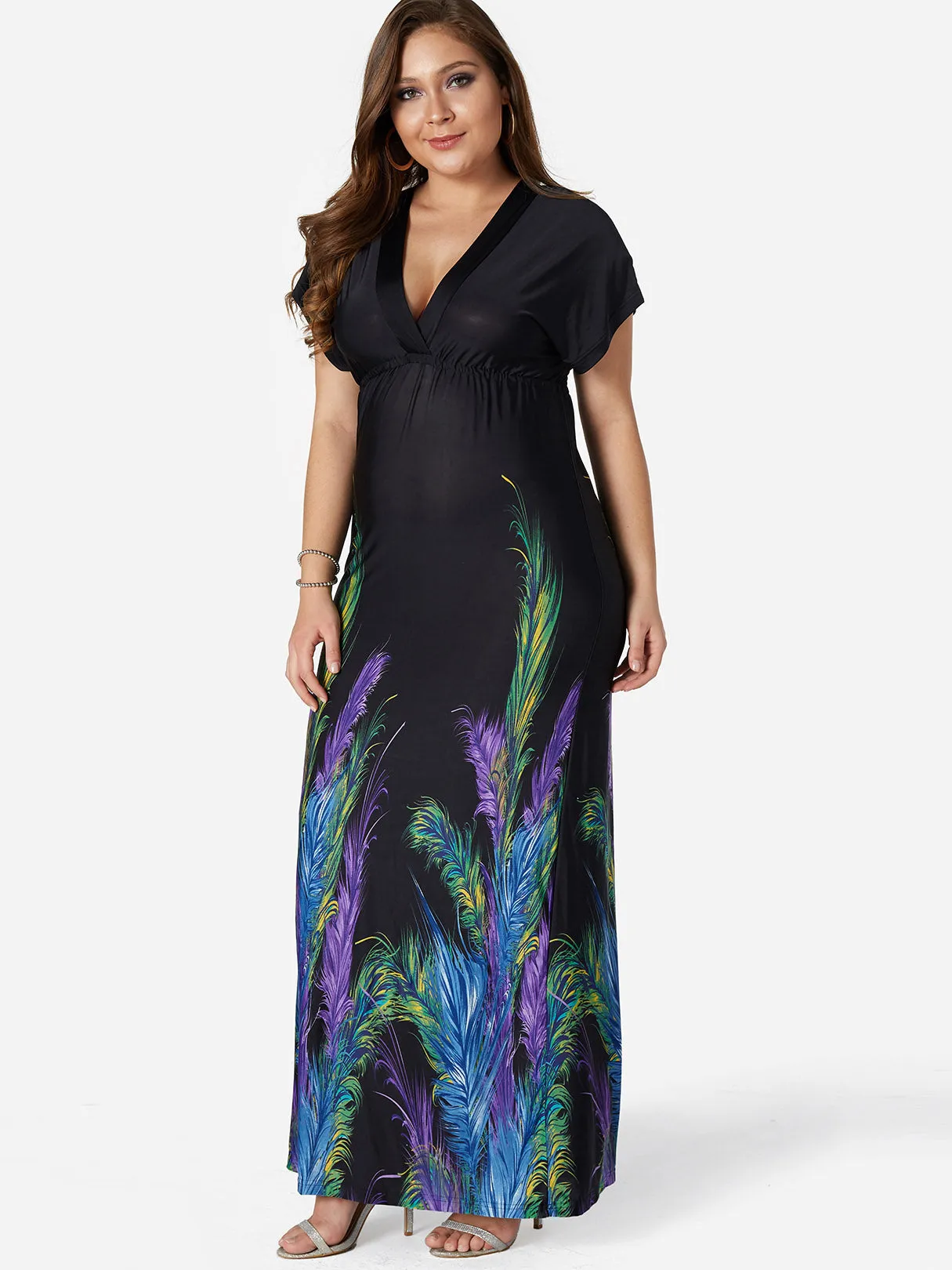 OEM ODM V-Neck Floral Print Backless Short Sleeve Black Plus Size Maxi Dress