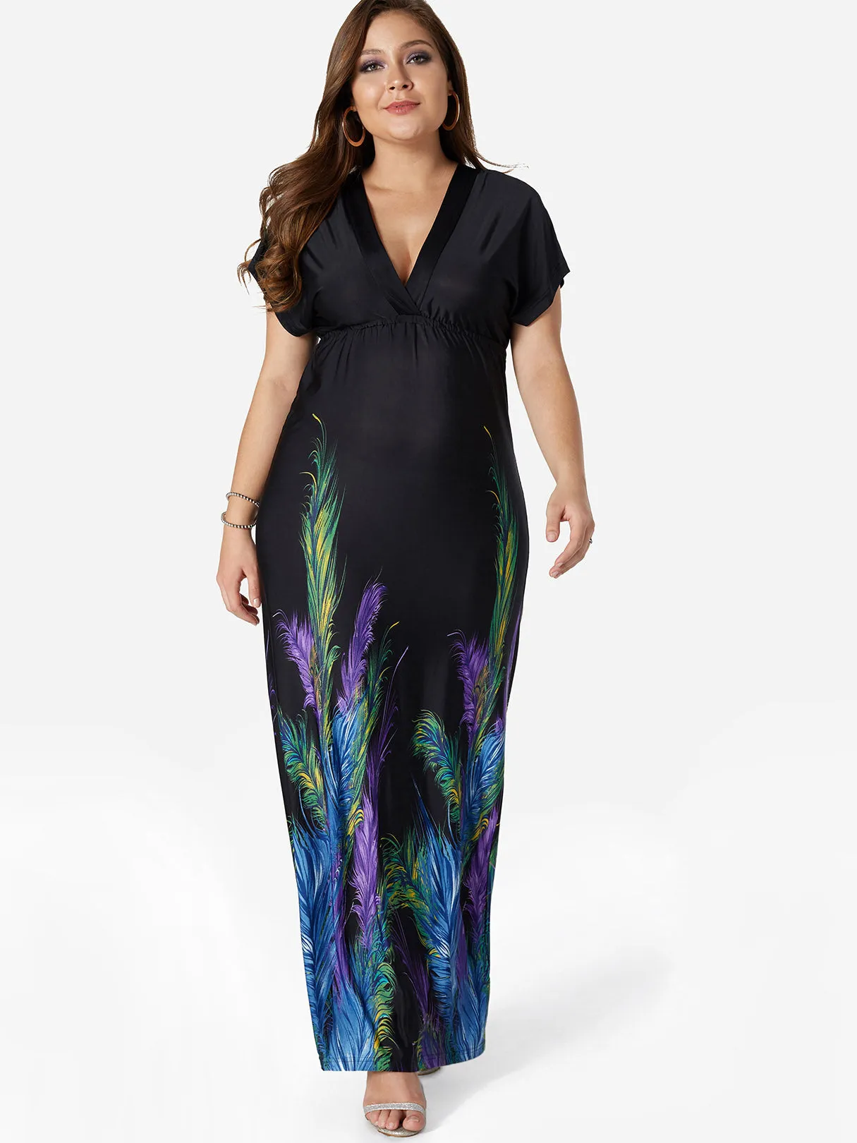 OEM ODM V-Neck Floral Print Backless Short Sleeve Black Plus Size Maxi Dress