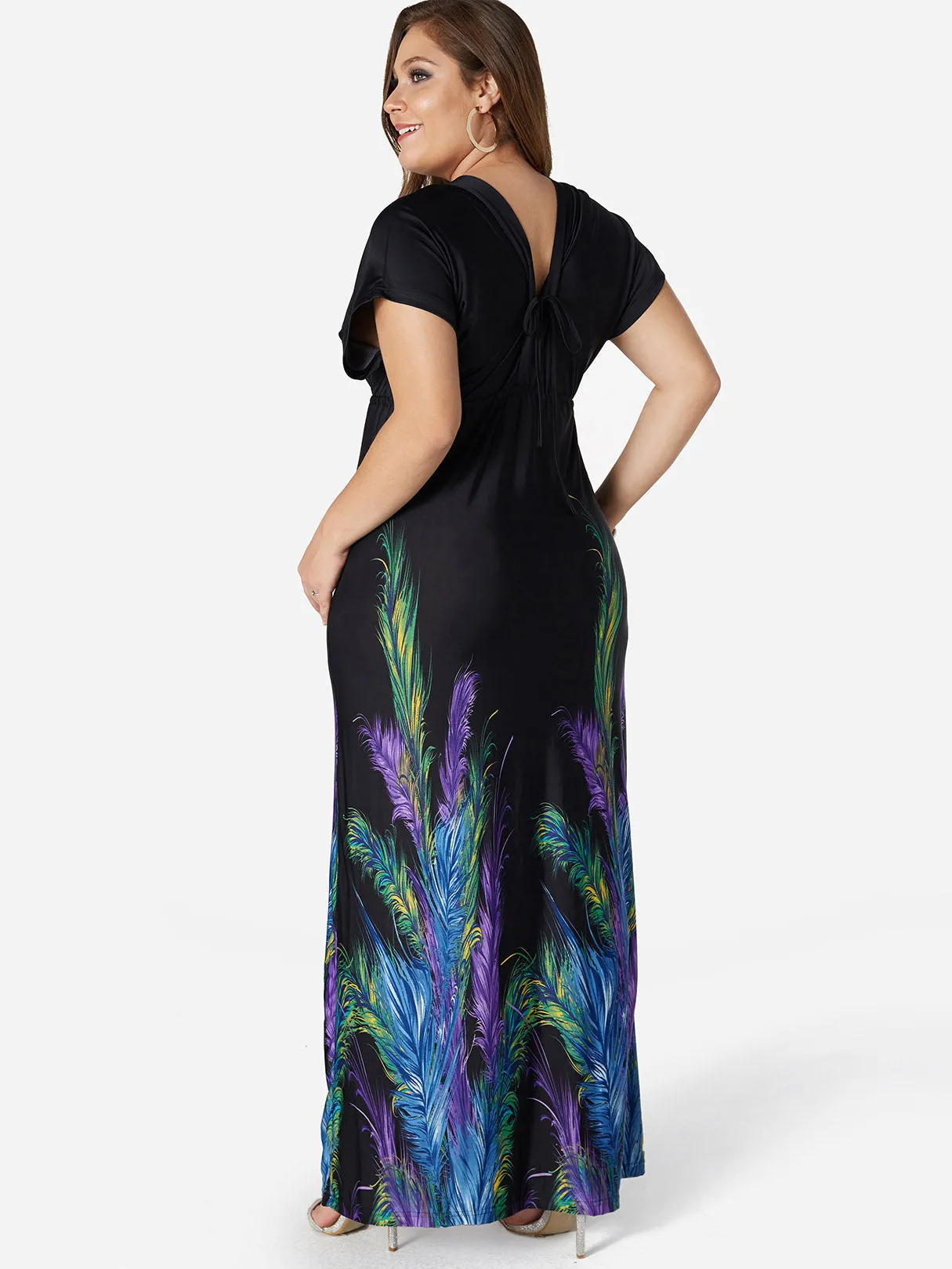 OEM ODM V-Neck Floral Print Backless Short Sleeve Black Plus Size Maxi Dress