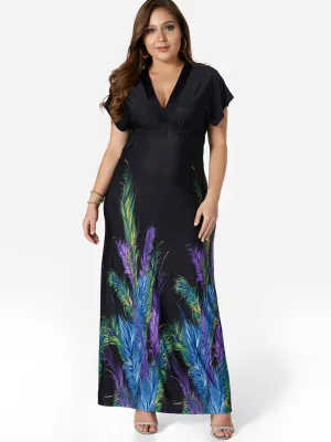 OEM ODM V-Neck Floral Print Backless Short Sleeve Black Plus Size Maxi Dress