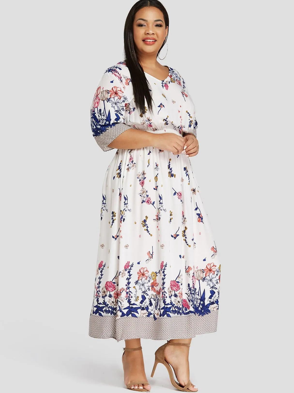 OEM ODM V-Neck Floral Print Half Sleeve White Plus Size Dress