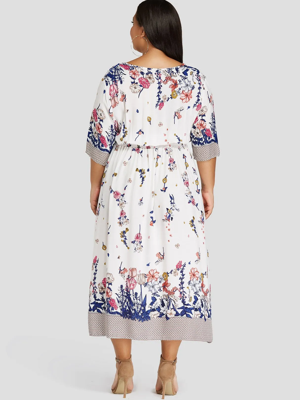 OEM ODM V-Neck Floral Print Half Sleeve White Plus Size Dress