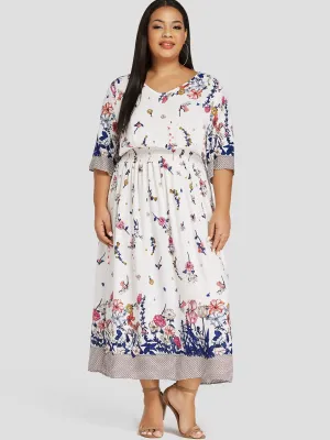 OEM ODM V-Neck Floral Print Half Sleeve White Plus Size Dress