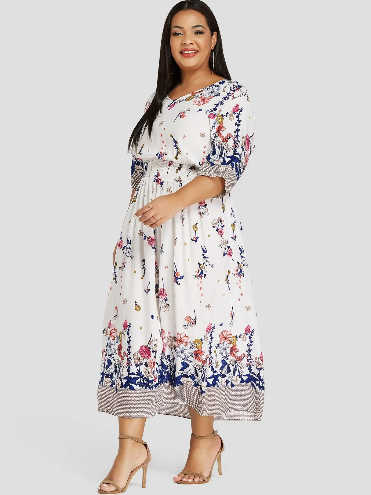 OEM ODM V-Neck Floral Print Half Sleeve White Plus Size Dress
