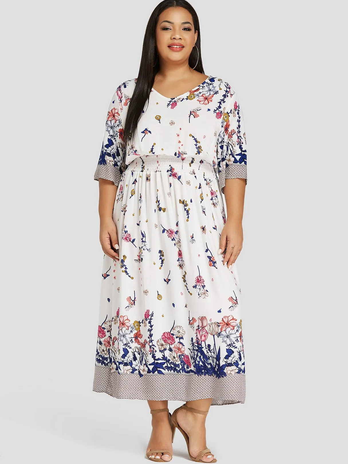 OEM ODM V-Neck Floral Print Half Sleeve White Plus Size Dress