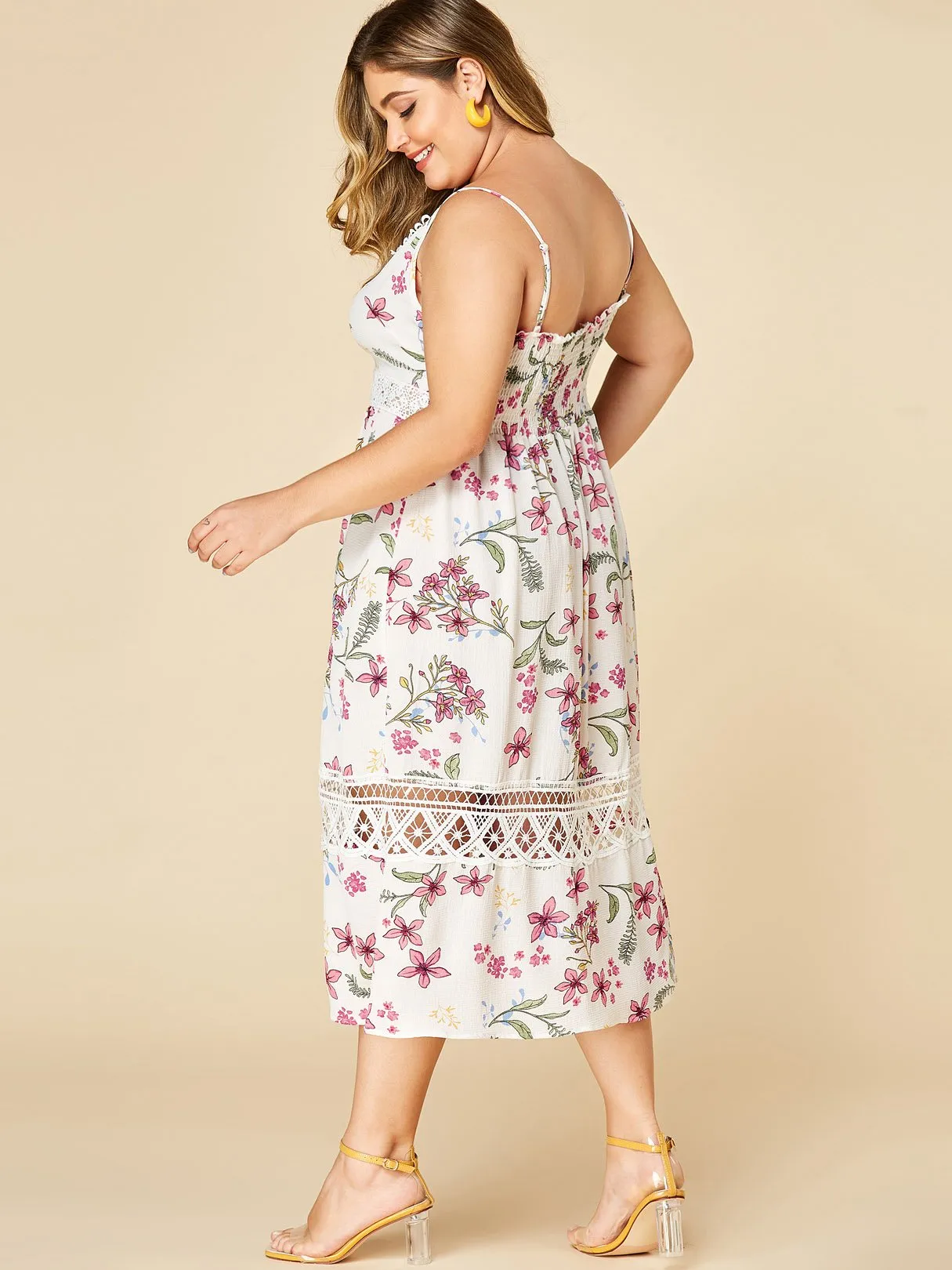OEM ODM V-Neck Floral Print Hollow Sleeveless Slit Hem White Plus Size Dress