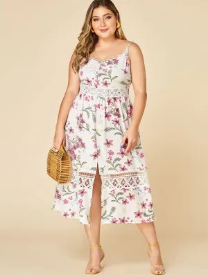 OEM ODM V-Neck Floral Print Hollow Sleeveless Slit Hem White Plus Size Dress