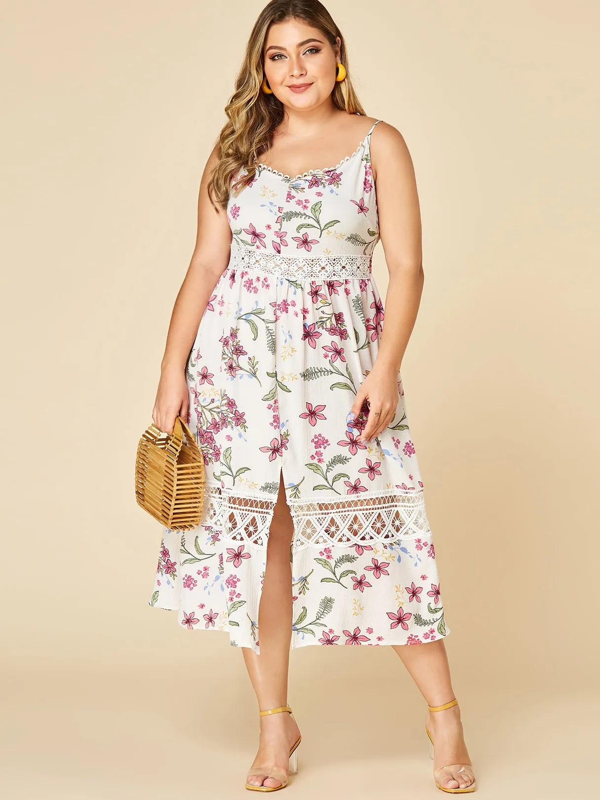OEM ODM V-Neck Floral Print Hollow Sleeveless Slit Hem White Plus Size Dress