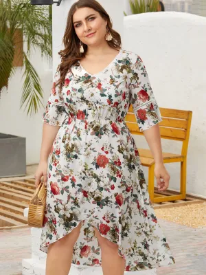 OEM ODM V-Neck Floral Print Lace Crossed Front Half Sleeve High-Low Hem White Plus Size Dress