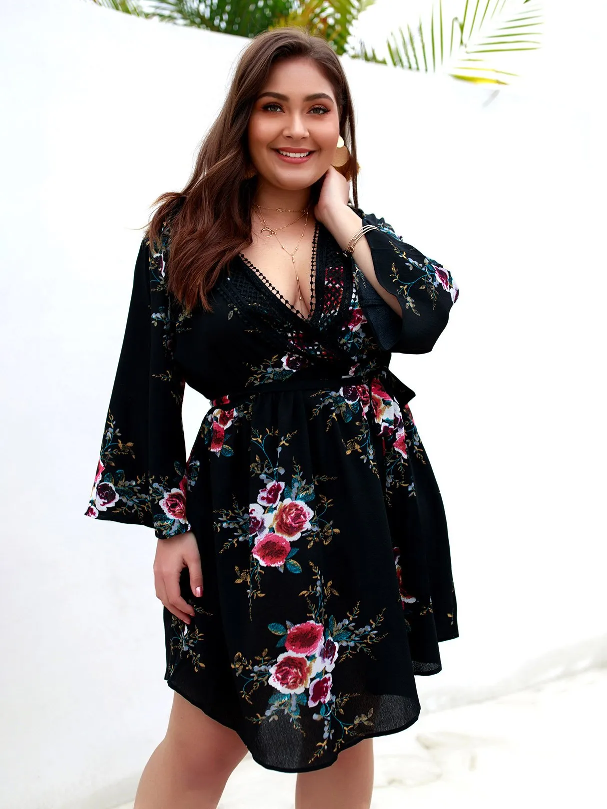 OEM ODM V-Neck Floral Print Lace Self-Tie Wrap Long Sleeve Curved Hem Plus Size Dress