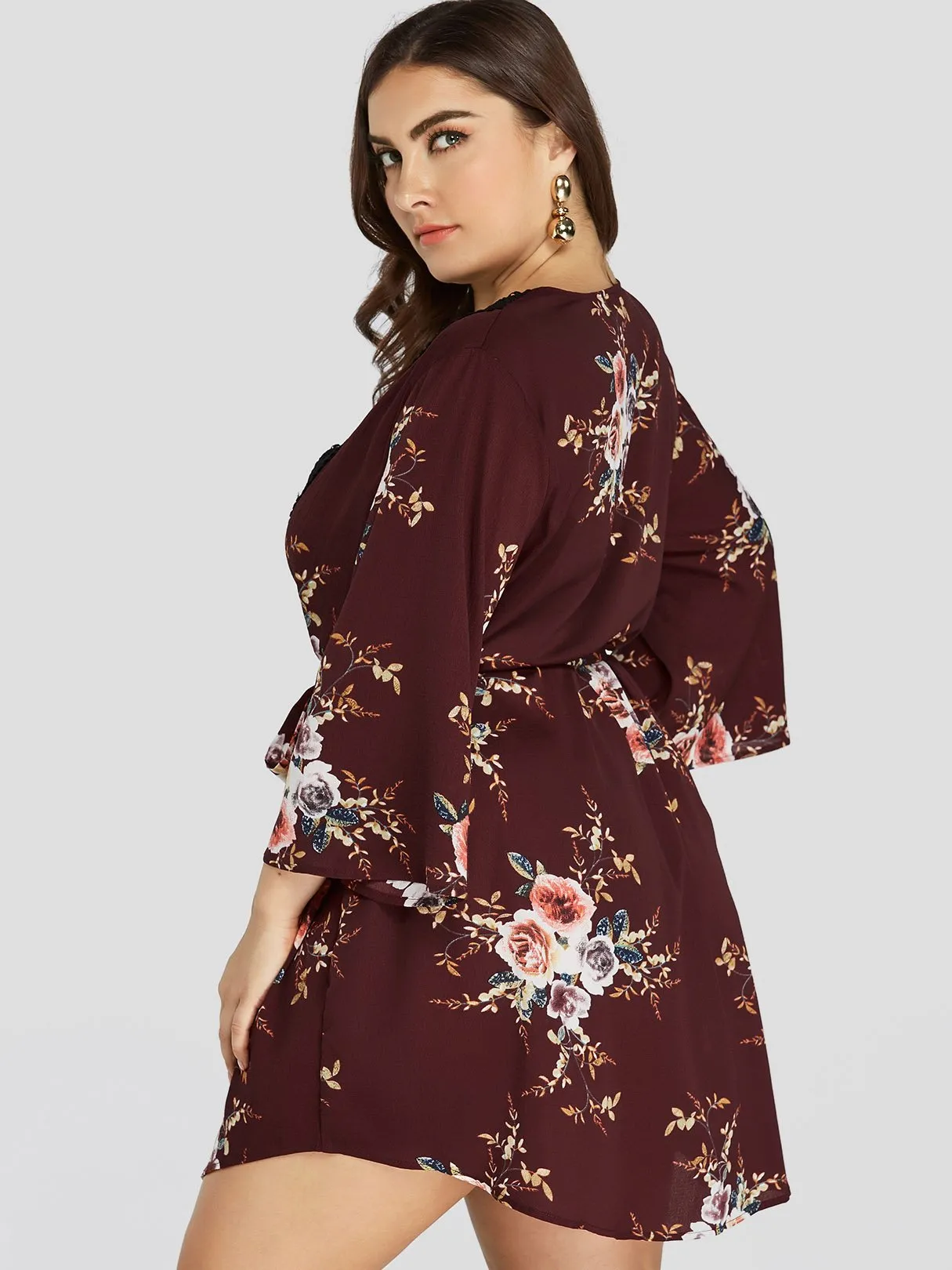 OEM ODM V-Neck Floral Print Lace Self-Tie Wrap Long Sleeve Curved Hem Plus Size Dress