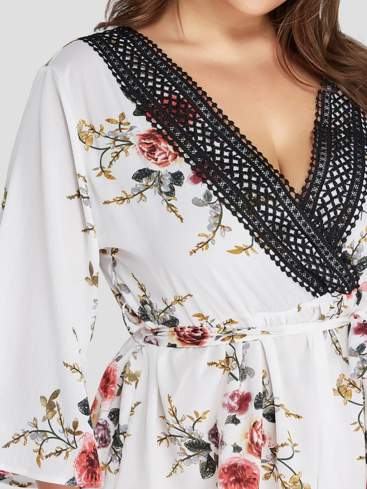 OEM ODM V-Neck Floral Print Lace Self-Tie Wrap Long Sleeve Curved Hem Plus Size Dress