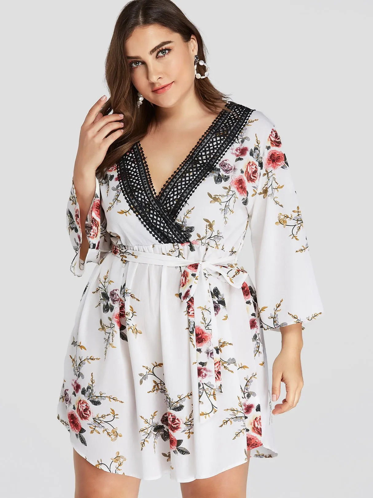 OEM ODM V-Neck Floral Print Lace Self-Tie Wrap Long Sleeve Curved Hem Plus Size Dress