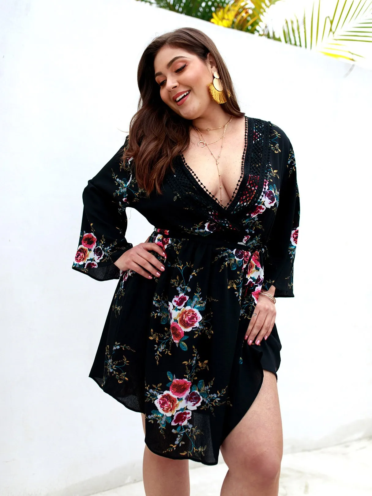 OEM ODM V-Neck Floral Print Lace Self-Tie Wrap Long Sleeve Curved Hem Plus Size Dress